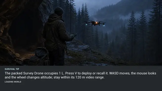Minus Zero loading-screen illustration for: The packed Survey Drone occupies 1 L. Press V to deploy or recall it. WASD moves, the mouse looks and the wheel changes altitude; stay within its 120 m video range.
