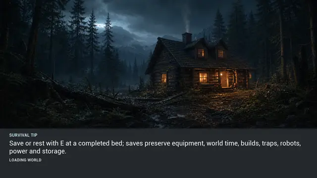 Minus Zero loading-screen illustration for: Save or rest with E at a completed bed; saves preserve equipment, world time, builds, traps, robots, power and storage.