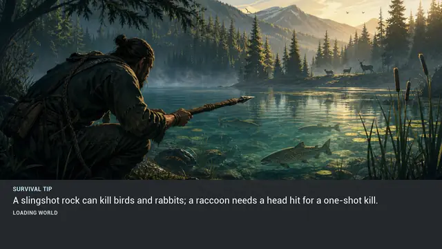 Minus Zero loading-screen illustration for: A slingshot rock can kill birds and rabbits; a raccoon needs a head hit for a one-shot kill.